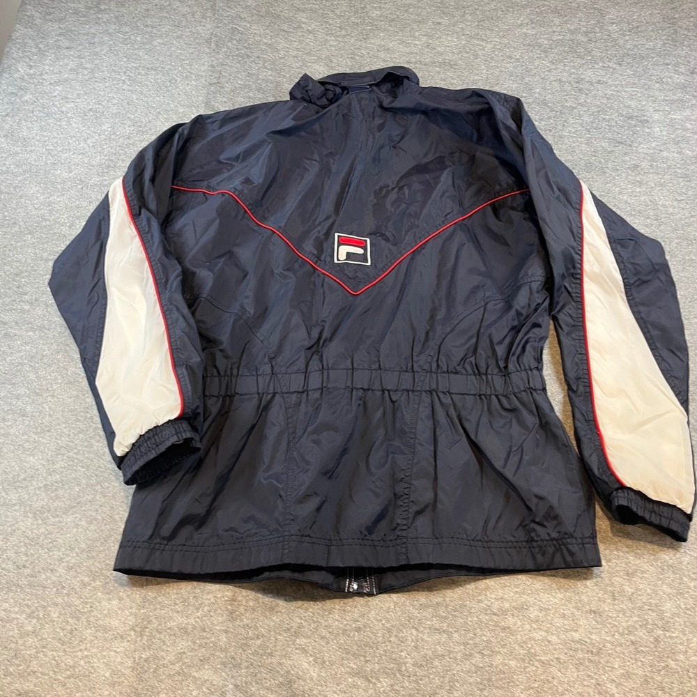 FILA Womens Vintage Windbreaker Navy Blue Retro Colorblock Large Full Zip Jacket
